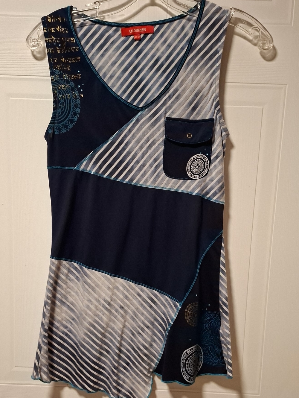 Le Comber Navy Blue Patchwork Sleeveless Top